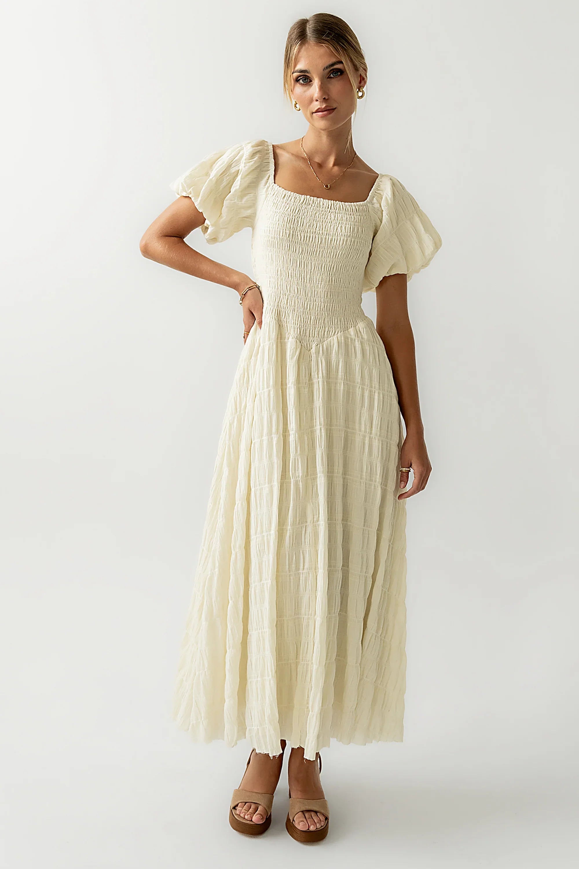 Beckie Smocked Maxi Dress in Off White