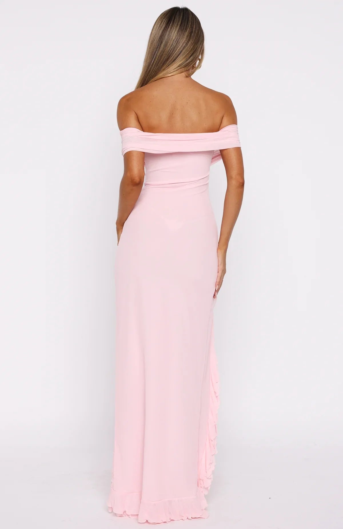 Icon In Motion Off Shoulder Maxi Dress Baby Pink